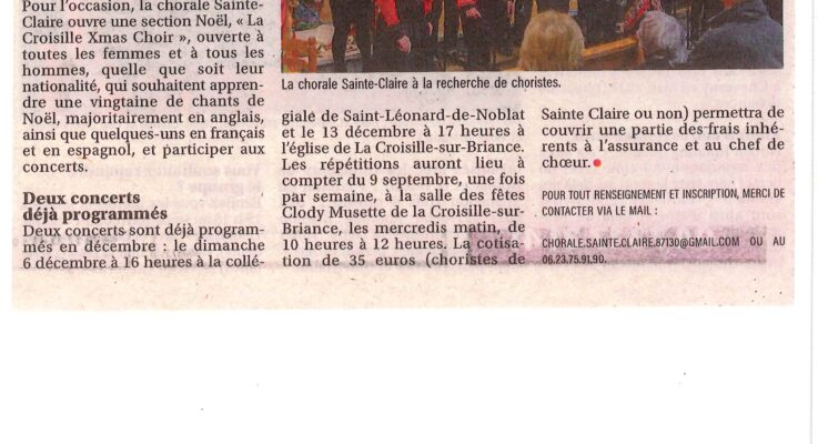 Article du 5 septembre sur l’appel a candidats de la chorale pour Noel